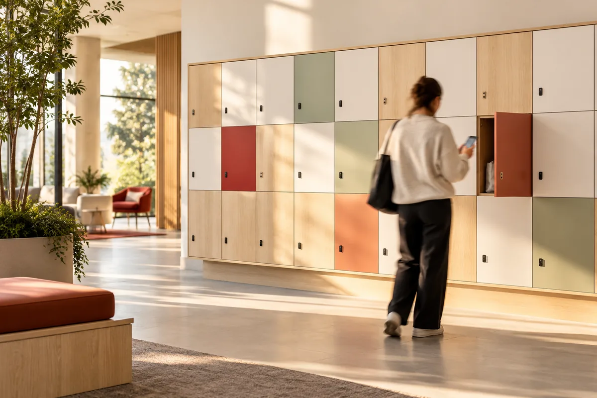 Mur de casiers en bois clair aux portes blanches et colorées dans un hall lumineux, une silhouette floue ouvre une porte avec son smartphone