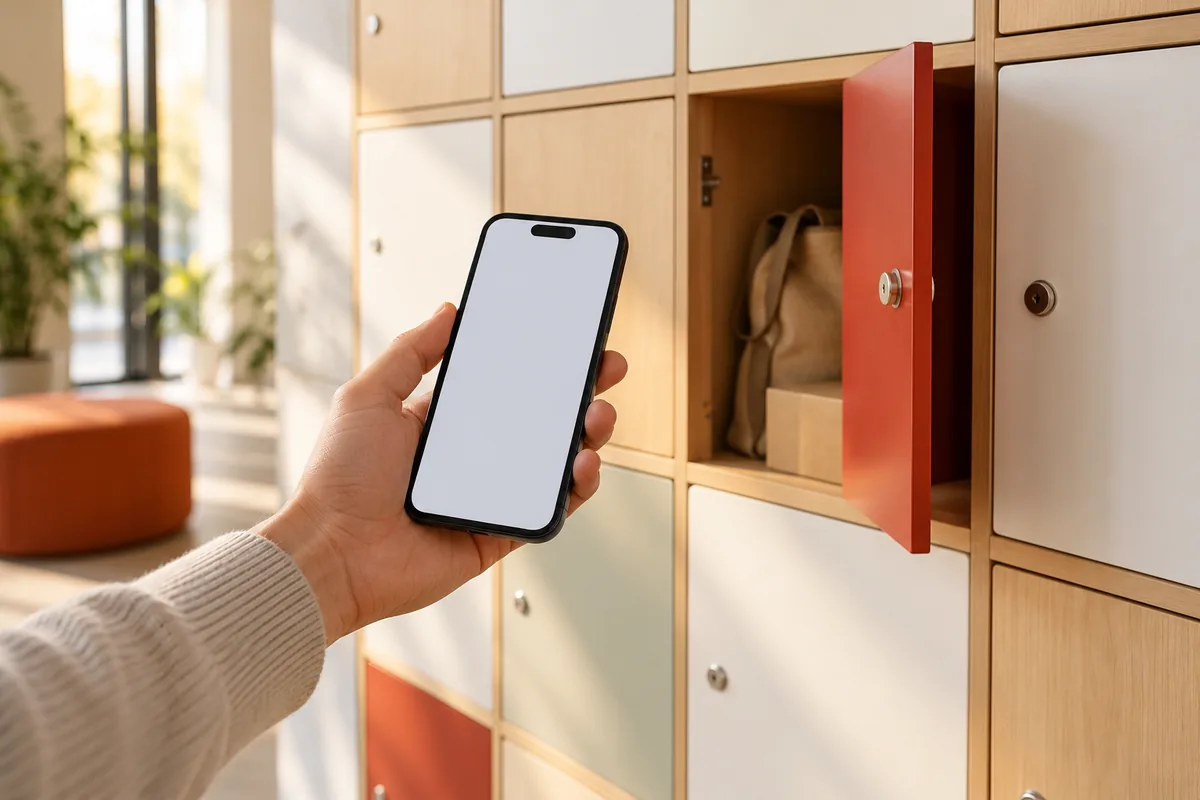 Main tenant un smartphone devant un mur de casiers en bois clair aux portes blanches et colorées, dont une porte entrouverte