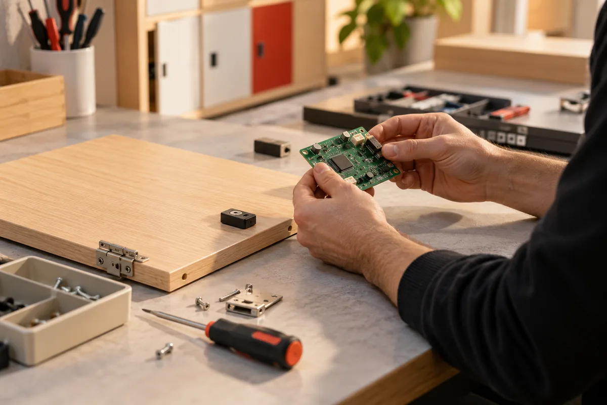 Mains d’un technicien inspectant une carte électronique sur un établi d’atelier, à côté d’une porte de casier en bois clair