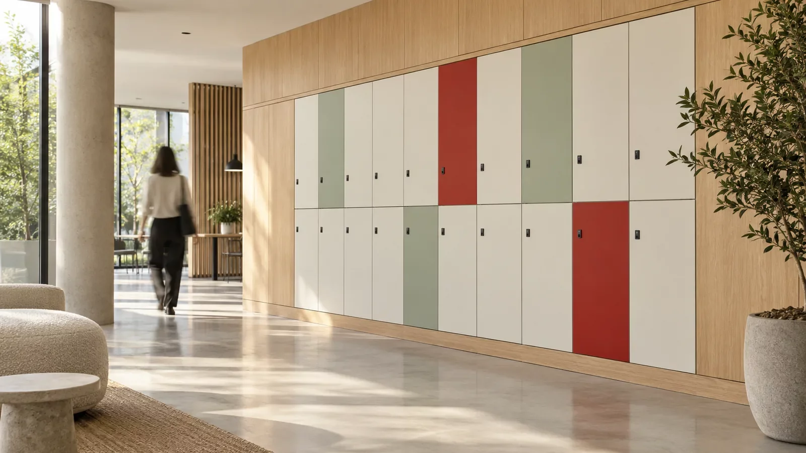 Hall de bureaux lumineux avec un mur de casiers connectés en bois clair aux portes blanches et colorées, une silhouette floue passe devant